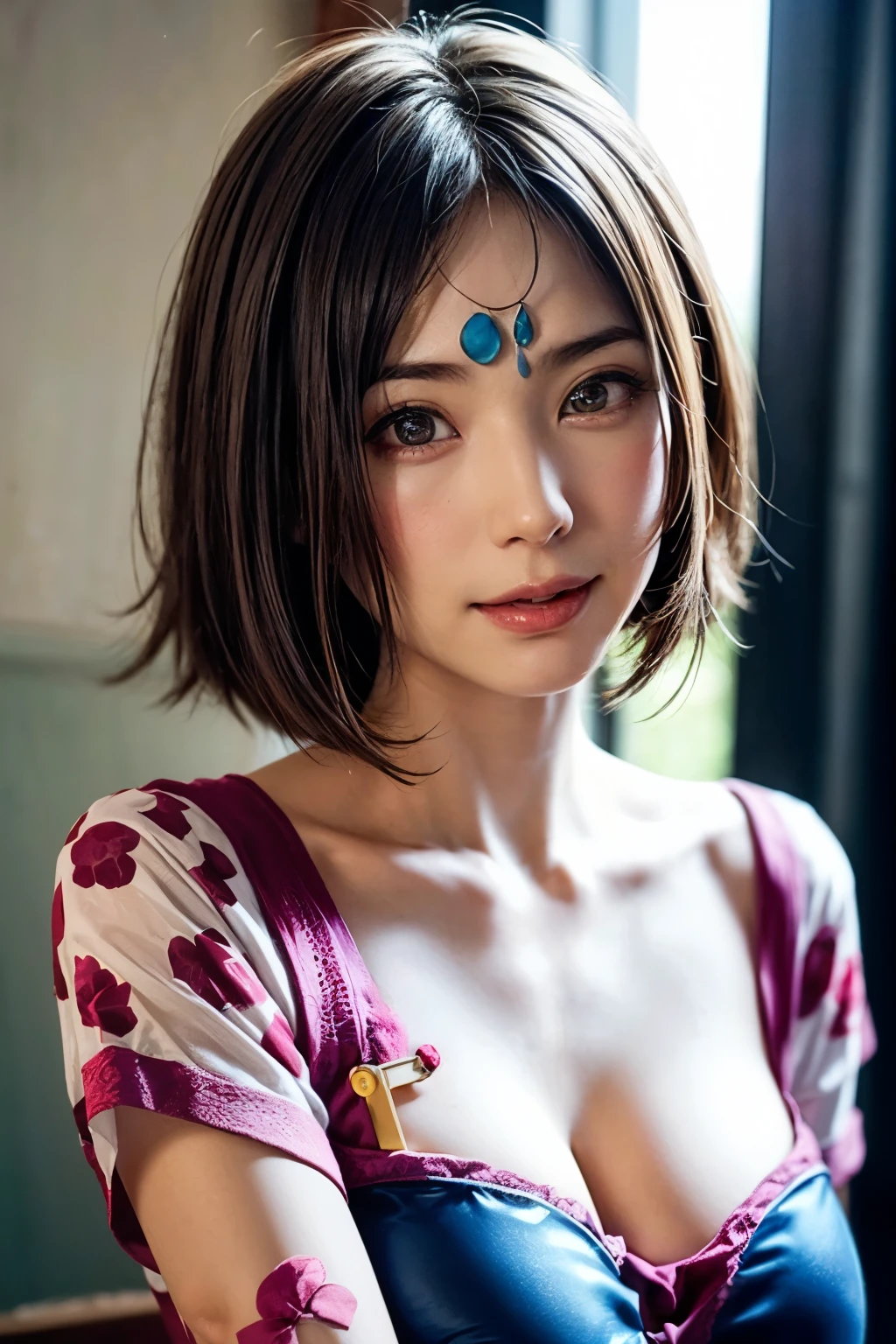 (((masterpiece))), (((best quality:1.4))), (((realistic:1.3))), hinata\(boruto\), 1girl, mature women, (((Red floral kimono with spaghetti strap top))), (((Close-up photo))), (((Selfie))), (((cleavage))), (((Closed Clothing))), (((big breasts))), (((big round breasts))), (((round breasts))), (((extremely heavy breasts))), (((Colossal tits))), (((heavy breasts))), (((plump breasts))), (((super round breasts))), (((very round breasts))), (((perfect breasts))), (((cinematic shot))), (((moody lighting))), (((shiny skin))), (((shiny skin))), (((oily skin))), (((sweat))), (((Japanese temple))), (shy face), detailed lips, beautiful face, blush, (pink lips), (((long hair))), white eyes, gentle gaze, smile, super realistic, detailed, realistic face and body, realistic hair, realistic eyes, realistic nose, realistic lips, seductive pose, (((straight bangs))), (dark blue hair), 28 year old girl