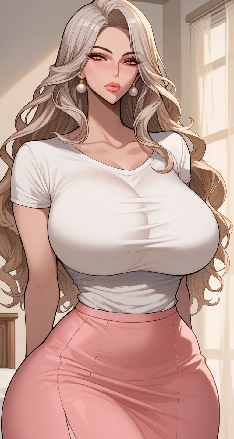score_9, score_8_up, score_7_up, score_6_up, score_5_up, score_4_up, yu hee, green eyes, Blonde hair, long hair, large large breasts,Big breasts, mature woman,  1girl, long_hair, blush, sweat, purple_eyes, brown_hair, lips, purple_hair, solo, gyaru, 1girl, kogal, loose_socks, solo, jewelry, clothes_around_waist, breasts, wrist_scrunchie, sweater_around_waist, skirt, large_breasts, necklace, school_uniform, smile, looking_at_viewer, cleavage, scrunchie, socks, hand_on_hip, long_hair, earrings, bracelet, shoes, loafers, v, nail_polish, sweater,black_skirt,