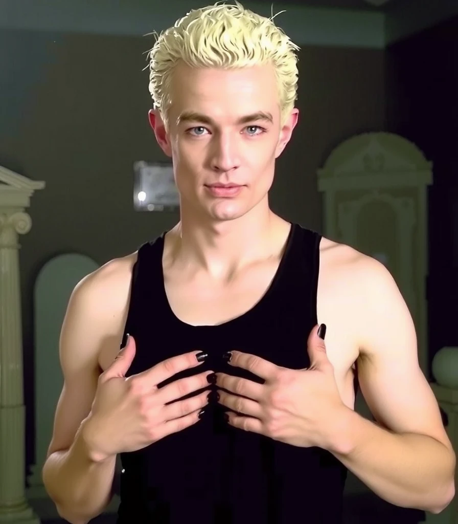 Draco Malfoy sem camisa e molhado, with red cheekbones and horny eyes, with a Malfoy Mansion pool in the background, imagem hiper realista 
