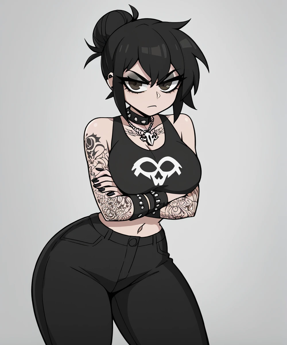 beautiful, (masterpiece: 1.2), (best quality: 1.2), perfect eyes, perfect face, perfect lighting, (1girl), (solo), (female foculack hair, short hair, black eyes, light smile, closed mouth, crop top, (black leggings), (tight leggings), standing, dynamic background, looking back, ((wide hips)), (thick), braless, goth girl, goth girl makeup, corneo_runny_makeup, runny makeup, thick thighs, big ass, low waist leggings, pussy peek, womb tattoo, tattoo depicting a warning sign with a large "!" Symbol in a triangle