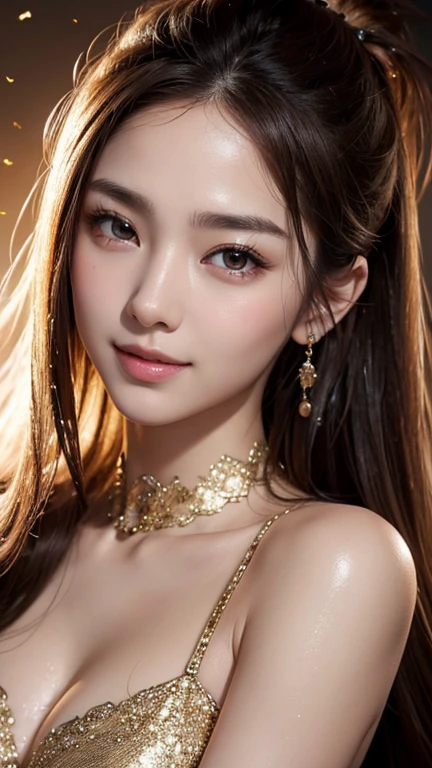Body portrait, 8K, thin and beautiful eyes, Dindal effect, masterpiece, top quality, high quality, high resolution, very detailed photo, (natural skin texture, fine skin, hyper realism, super sharpness), high detail skin, (very fine, fine skin texture, intricate details, beautiful face, (realistic face), realistic eyes, beautifully detailed eyes, realistic skin, beautiful skin, surreal, very detailed Golden ratio, smiling eyes, ((night moonlight background) )), body portrait, G cup, big breasts, huge breasts, big breasts, glamorous, sexy knit dress,