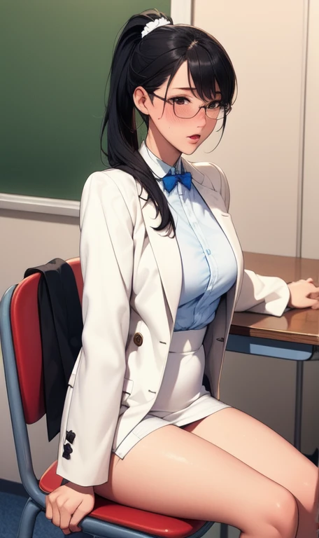 ((best quality), (hyperrealisti), mh-yk, 1 girl, standing alone, Bblack hair, eyes browns, long hair, wearing a private university uniform, blue blazer style with buttons, tie and tight skirt followed by knee-high socks,, big and fit ass,, twintails, Ar complete, hair rings, gazing at viewer, university anatomy club scene, seated in a chair, sweet look,inside a closed room with a blackboard behind full of drawings of the human body
