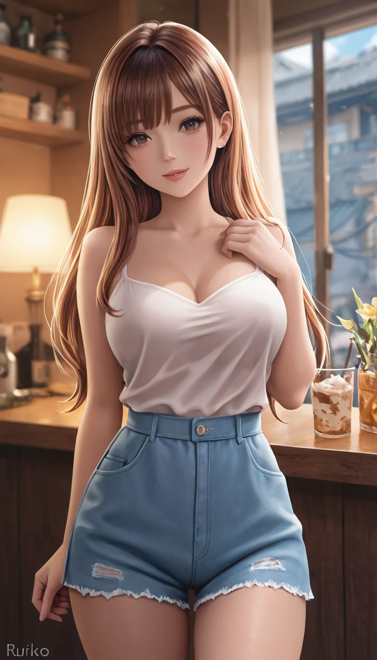 (masterpiece:1.2, top-quality), (realistic, photorealistic:1.4), beautiful illustration, (natural side lighting, movie lighting), 
looking at viewer, full body, 1 girl, japanese, 20 years old, perfect face, perfect body, cute and symmetrical face, shiny skin, babyface, bare arms, 
(long hair, wavy hair, sideburns, hair intakes, blond hair), swept bangs, gold eyes, big eyes, (medium breasts, seductive thighs), puffy nipple, , 
beautiful hair, beautiful face, beautiful detailed eyes, beautiful clavicle, beautiful body, beautiful chest, beautiful thigh, beautiful legs, beautiful fingers, 
((symmetrical clothing, beige turtleneck sleeveless knit, denim mini skirt), , necklace, earring), high heel, 
(beautiful scenery), evening, (city street), forward bends with emphasis on the chest, emphasis on the buttocks, (lovly smile, upper eyes), 