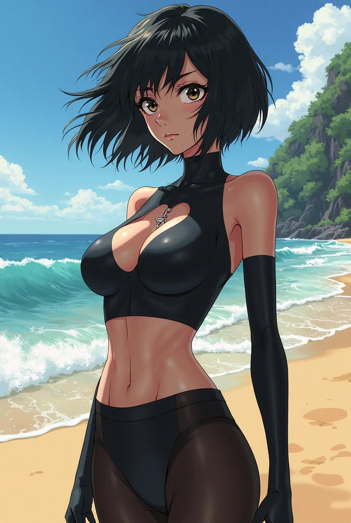 young woman, black short hair, white skin, black eyes, black short shirt, quiet, sad eyes. Beach, walking,, sun day, beautiful. Anime sexy. Kurome Akame ga kill