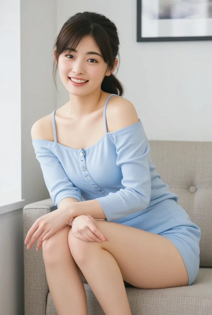 perfect photo, (masterpiece), best quality, expressive eyes, perfect face, Perfect hands, High resolution, high image quality, realistic skin texture, Realistic, Japanese, Girl, 13 years old, Light Brown hair, bangs, Twin tails, Hair Ribbon, brown eyes, big eyes, small face, blush, smile, Flat Chest, V-neck Summer knitwear, shorts, bed, Sitting, Spread your legs and show your crotch, Outside the window is the Blue sky and clouds, nfsw