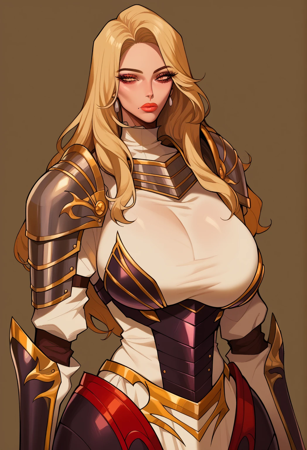 (masterpiece), (best quality),(portrait),(bust up),1girl,solo,(sharp focus),(look at viewer),forehead band,amazon, dragons crown,perfect eyes,tunned skin,muscler,blond hair,long hair,huge breasts,ancient luxurious long clothes,(simple background),old school fantasy art,muscle,armor,wide view