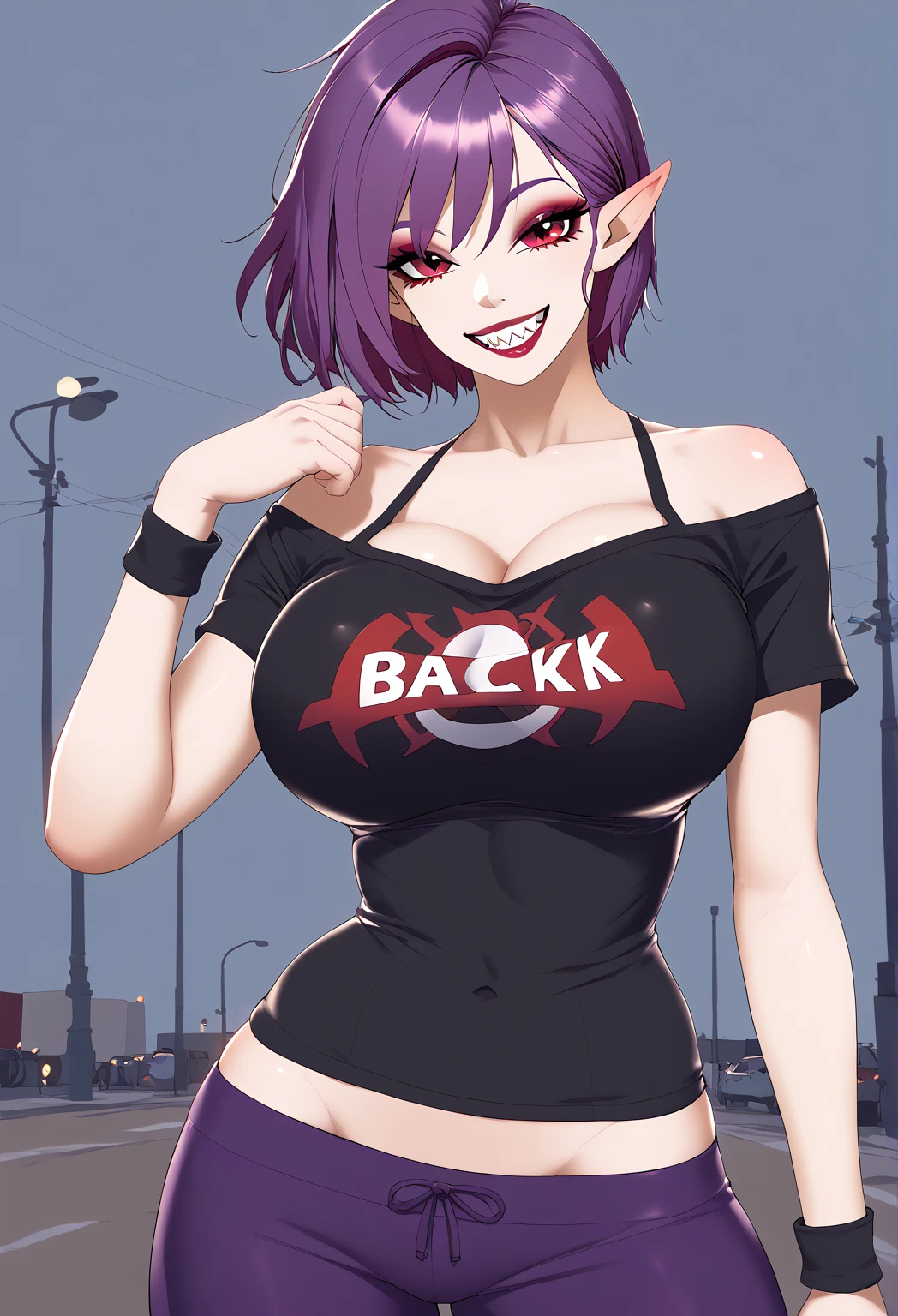 Slim teen girl, huge tits, standing at the middle of road, wearing black purple hoodie with (big oversized metal cyberpunk military power gloves), wearing cyber glasses, neon city, at night, cars, cybernetic horns