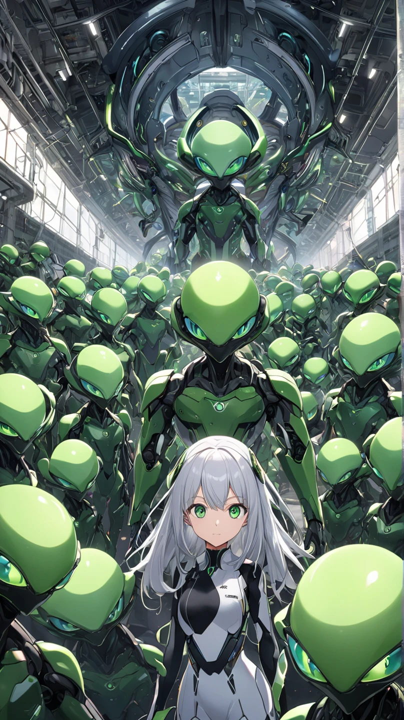 Absurdres,Impressionism, Abstractionism, Anime Style, Chaos, Character Design, Surrealism, HD, Best Quality, Masterpiece, High Details, High Resolution.
{{(1Alien creature: alien plantlike non-humanoid alien voyager:(androginous gender, two rounded heads, light-blue two short elastic necks, blue two left arms with green pincers, blue two right arms with green pincers, six blue chain-like-tentacles, six pale-white eyes on each head, six pale-white eyes in the body torso, greyish-blue block-like body torso),(innexpressive, wise behaviour, intelligent and wisdom demeanor, standing still but vigilant, investigating its own registers at the ship),(colorful space biomechanic-base interior, green rounded-cocoon computers, orange walls around the base, silver-white enlighted surrounding, giant windows with blue sky view))}}