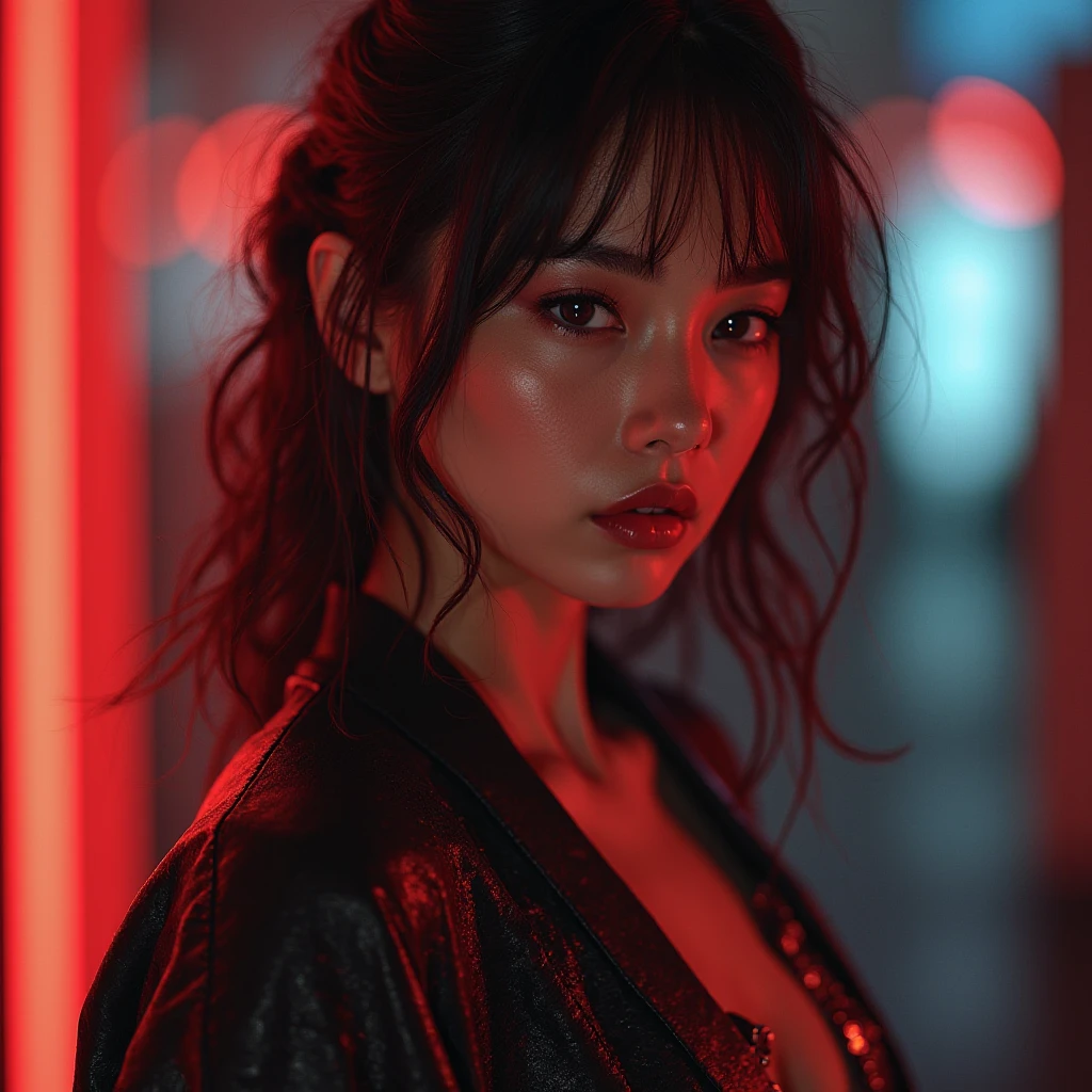 asianwoman, young, naked, short curly hair, septum piercing, dimples, thick collar around neck, naughty expression, black latex, red neon lights, devious smile close-up, UHD, retina, masterpiece, accurate, anatomically correct, textured skin, super detail, high details, high quality, award winning, best quality, highres
