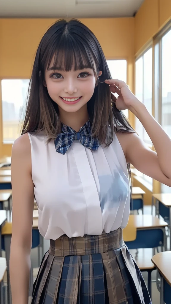 (masterpiece:1.3, highest quality, Ultra-high resolution, Very detailed), (Realistic:1.1, photoRealistic:1.4), beautiful photo, Perfect lighting, colorful, Written boundary depth,
Beautiful detailsまでこだわった髪, Beautifully detailed face, Beautiful details, Beautiful clavicle, Beautiful body, Beautiful breasts, Beautiful thighs, Beautiful legs, Beautiful fingers,
View your audience, 1 girl, Japanese, high school girl, Perfect Face, (Perfect Anatomy, Anatomically correct), Cute and symmetrical face, Baby Face, Sunburn, Shiny skin,
(Mid-length hair:1.5, blonde), Asymmetrical bangs, blue eyes, Long eyelashes, (Mid-chest), thin,
((Collared short-sleeved shirt, Light blue shirt, , Grey plaid pleated skirt, To the Navy)), Sexy see-through white lace panties,
(Beautiful views), evening, (Outdoor, distant cityscape), Are standing, (peace sign), (Cute Smile, Blushing、Upward glance, Open your mouth),