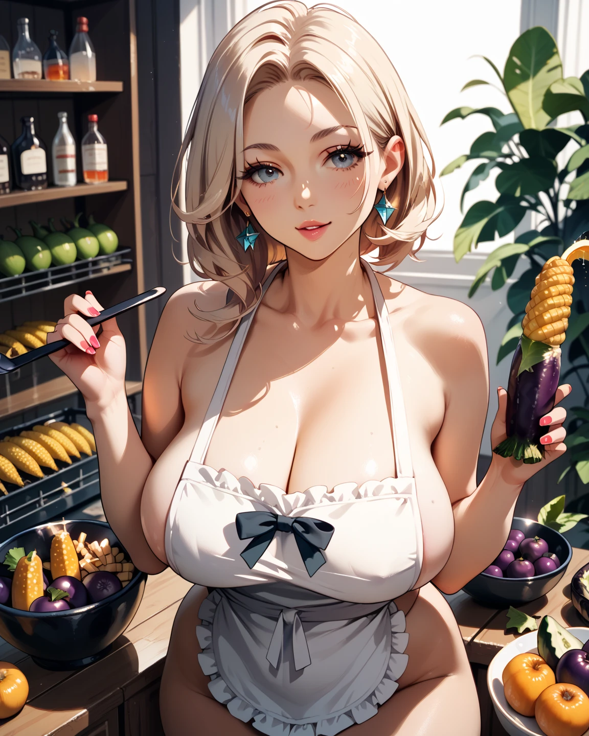 (Masterpiece: 1.4), (Best quality: 1.4), 8K, HD, ultraclear,1girll,(Big breasts:1.4),blond hairbl,Scared:1.3,(Cry:1.0),Bare abdomen,White lace underwear,Skirt,(Looking up),Night,Bedroom,necklace,Messy clothes,Long hair,Holding a long cucumber in his hand,Mouth eating cucumber,Contains a cucumber,Black eyes,
