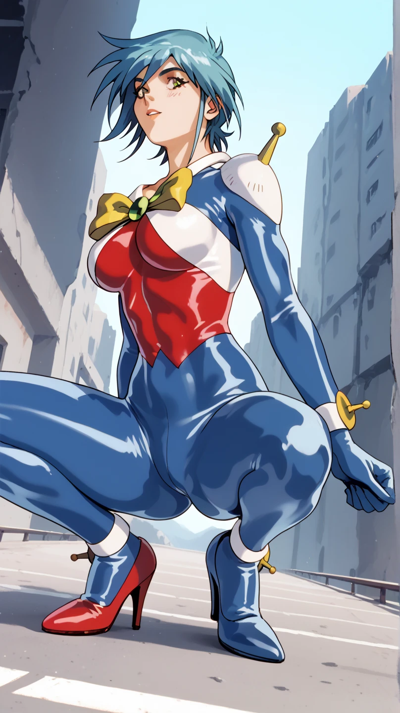 Perfect hands, Perfect Fingers,Perfect Anatomy, masterpiece, Highest quality,Realistic, hyperRealistic, 16k hdr,One Girl, Mid-chest,Blue Hair, Bobcut,Mobile Trace Suit, Scapula,Fighting Pose, Upper Body, cockpit,From below