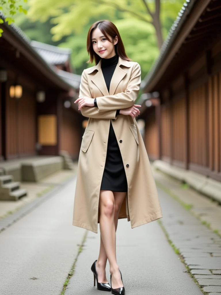 (Raw photo:1.2), (realistic:1.4),beautiful detailed woman,非常にfine eyesと顔, fine eyes, Super detailed,High resolution, very detailed,highest quality,enlightenment,unified,8k wallpaper,masterpiece,highest quality,1 female,alone,rich,Full body Esbian,(Slightly chubby body type:0.7),meaty legs,alone,（Hi-Re Grabber Suit:1.4),(He wears his trench coat with the front open.：1.6）、（standing with arms spread horizontally:1.6)、（pantyhose：1.4）、（high heels：1.5）、jewelry, necklace ,short hair,gentle smile,dignified atmosphere,black eye,realistic,(Hibiya Park:1.5)、 (morning park:1.1),(standing upright：1.4）,(Going to work:1.2)
