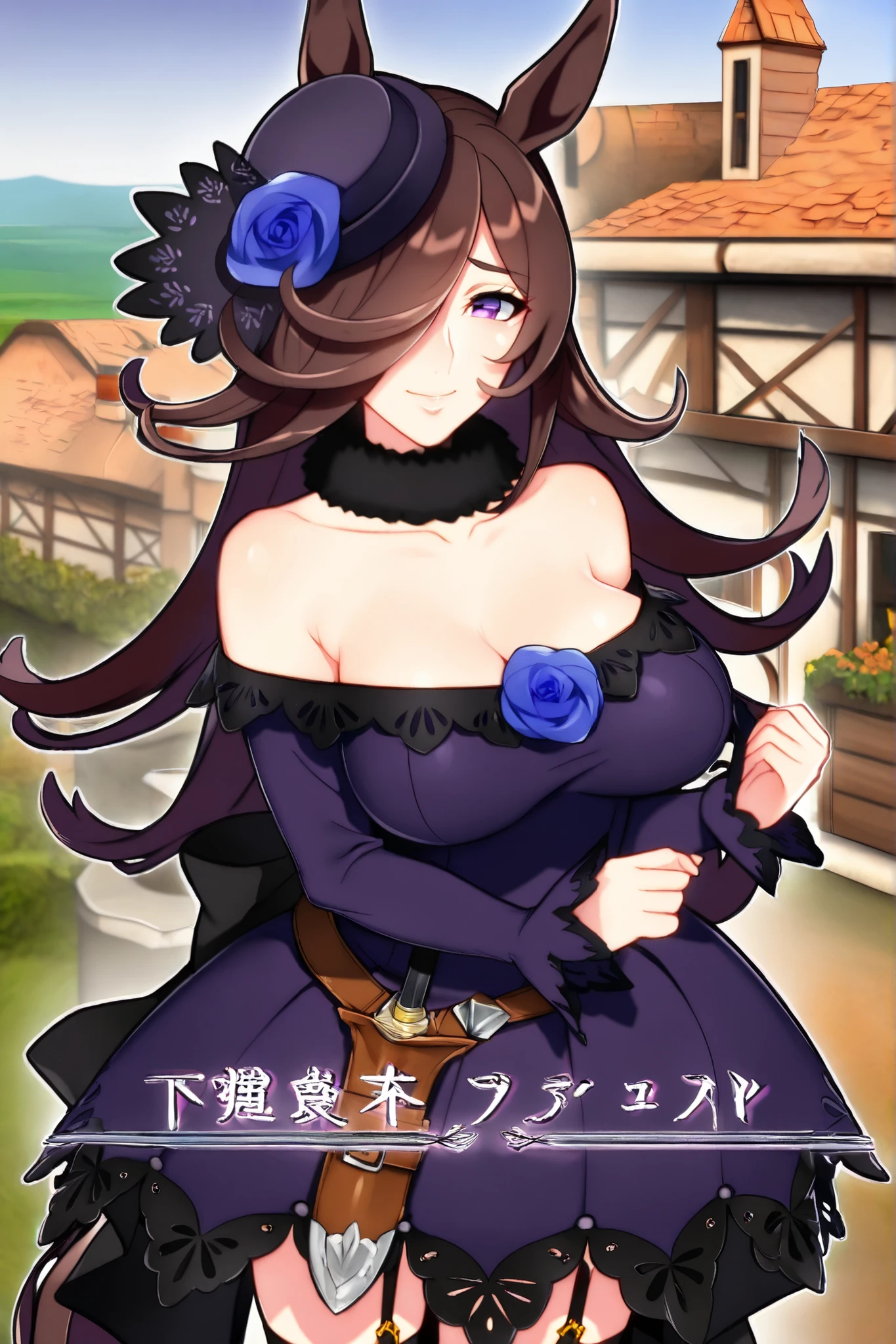 top quality,rcs lace , rice shower (Uma Musume), animal ears, backbow, bungs, bare shoulder, belt, black bow, blue dress, Blue Flower, blue Rose, , brown hair, Black leg ties, brown 太ももまで丈のshoes下, clavicle, Dagger, dress, dress bow, eyebrows visible through hair, frizzy hair, flower, Fur Choker , Fur color, hair flower, hair ornament, Hair over one eye, villages with, villages with flower, horse ears, horse girl at work, horse tail, knife, long hair, long sleeve, Off Shoulder, off-shoulder dress, Cover one eye, purple dress, purple eyes, purple headdress, Rose, sheath, sheathed, shoes, short dress, sleeve until past the wrist, tail, thigh high socks, 太ももまで丈のshoes下, slanted hat, very long hair, violet eyes, weapons,big breasts, mature woman building,steam,cowboy shot,Living Room,has a smiling face