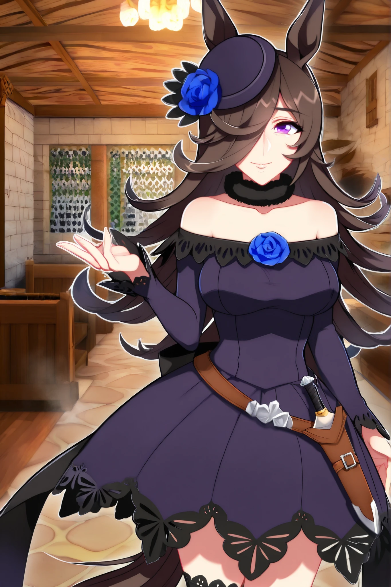 top quality,rcs lace , rice shower (Uma Musume), animal ears, backbow, bungs, bare shoulder, belt, black bow, blue dress, Blue Flower, blue Rose, , brown hair, Black leg ties, brown 太ももまで丈のshoes下, clavicle, Dagger, dress, dress bow, eyebrows visible through hair, frizzy hair, flower, Fur Choker , Fur color, hair flower, hair ornament, Hair over one eye, villages with, villages with flower, horse ears, horse girl at work, horse tail, knife, long hair, long sleeve, Off Shoulder, off-shoulder dress, Cover one eye, purple dress, purple eyes, purple headdress, Rose, sheath, sheathed, shoes, short dress, sleeve until past the wrist, tail, thigh high socks, 太ももまで丈のshoes下, slanted hat, very long hair, violet eyes, weapons,big breasts, mature woman building,steam,cowboy shot,Living Room,has a smiling face