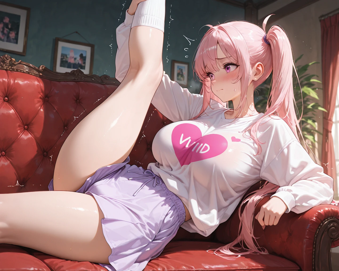 (best quality,realistic:1.37) Beige full-body tights, petite 6-year-old girl, chubby, pink ponytail, cute smile, blushing, being taken from behind, slightly sheer, choker, thick thighs, armpits