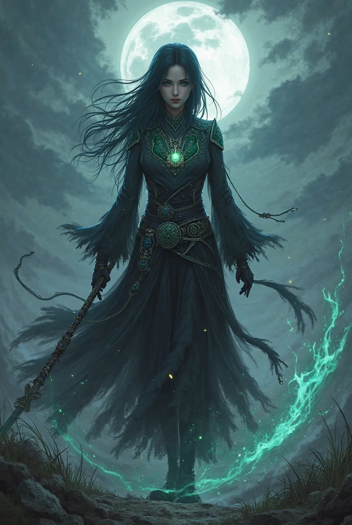 A witch who has black long hairs,has scary and badass outfit,and summon scary magic 