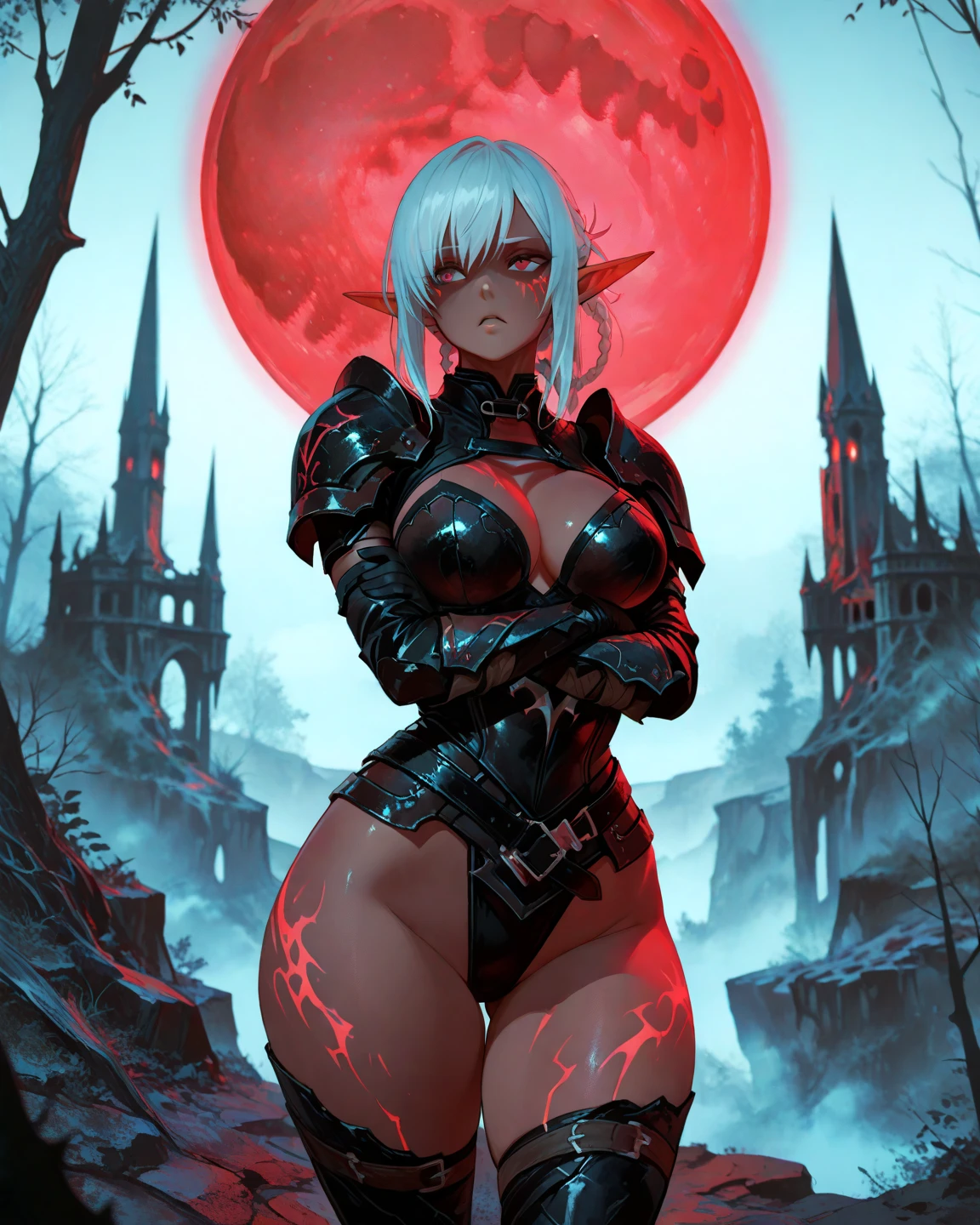 ((woman with long gray hair with ponytail, red eyes)),((dark skin)),((muscle)),((folded arms)),((facing the spectator)),(( giant breasts, bare breasts, completely naked, with a belt covering her pussy)),((grabbing breasts, sullen face)),((in a bad haunted castle, at night)),