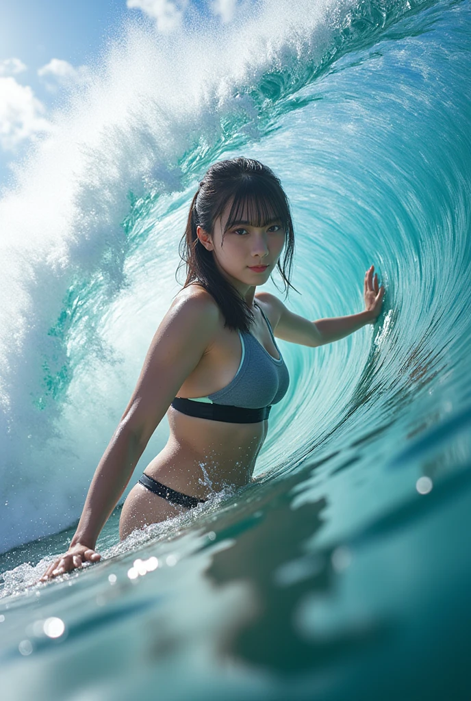 (ZoomedOut:1.28, Wide-shot) ZoomLayer (Epic photo of surfer magazine:1.37). (Full of Water, Everything Wetted:1.4) WetHair (extremely detailed Cute Girl in RED)(SparklingHighlights:1.28), Dynamic Joyful Expressions LifeLike Rendering (ManoErina:1.0) . Overflowing Gigantic Sideboob (Clearly Visible Beautiful Breast to Buttocks Line) Tiny and Roundly Butt, Detailed wet clothing texture, (Sloppy Surfboard:-1.2) Riding on waves, Sparkling water, TyndallEffect(Starry Water Particles:1.32), Whole Body proportions and all limbs are anatomically accurate