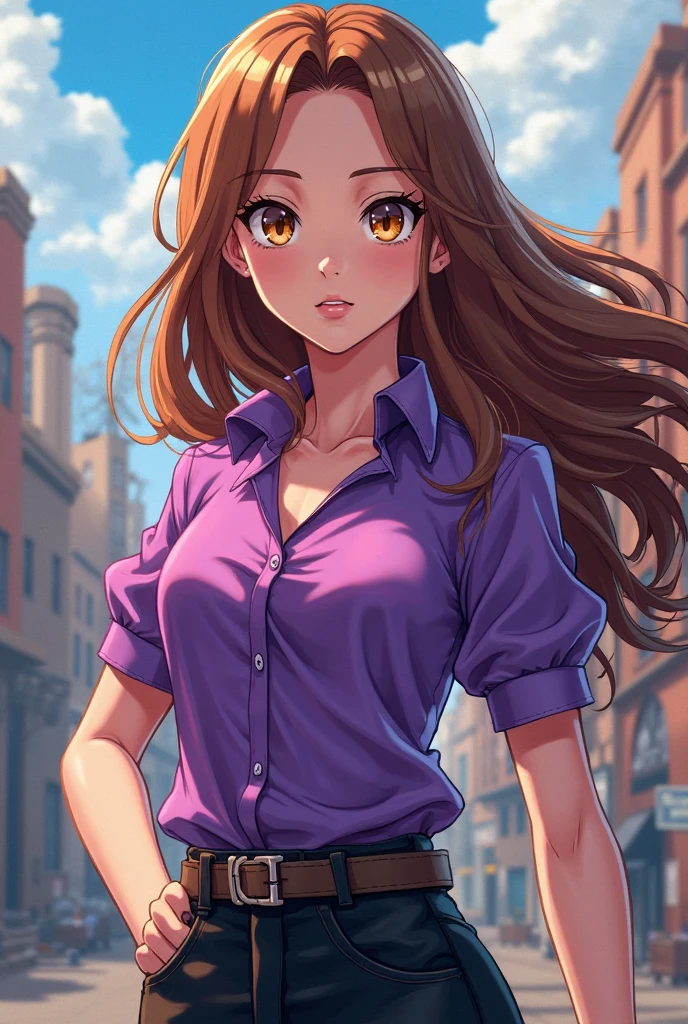 4k, (masterpiece), highest quality,  2d, ((nsfw)), (teen anime school gir), (unbuttoned shirt), (small breasts), nipples, long brown hair, blue eyes, smile, full height, clear eyes, black eyelashes, (intricate detailed), dramatic, makoto shinkai, trending on CGsociety