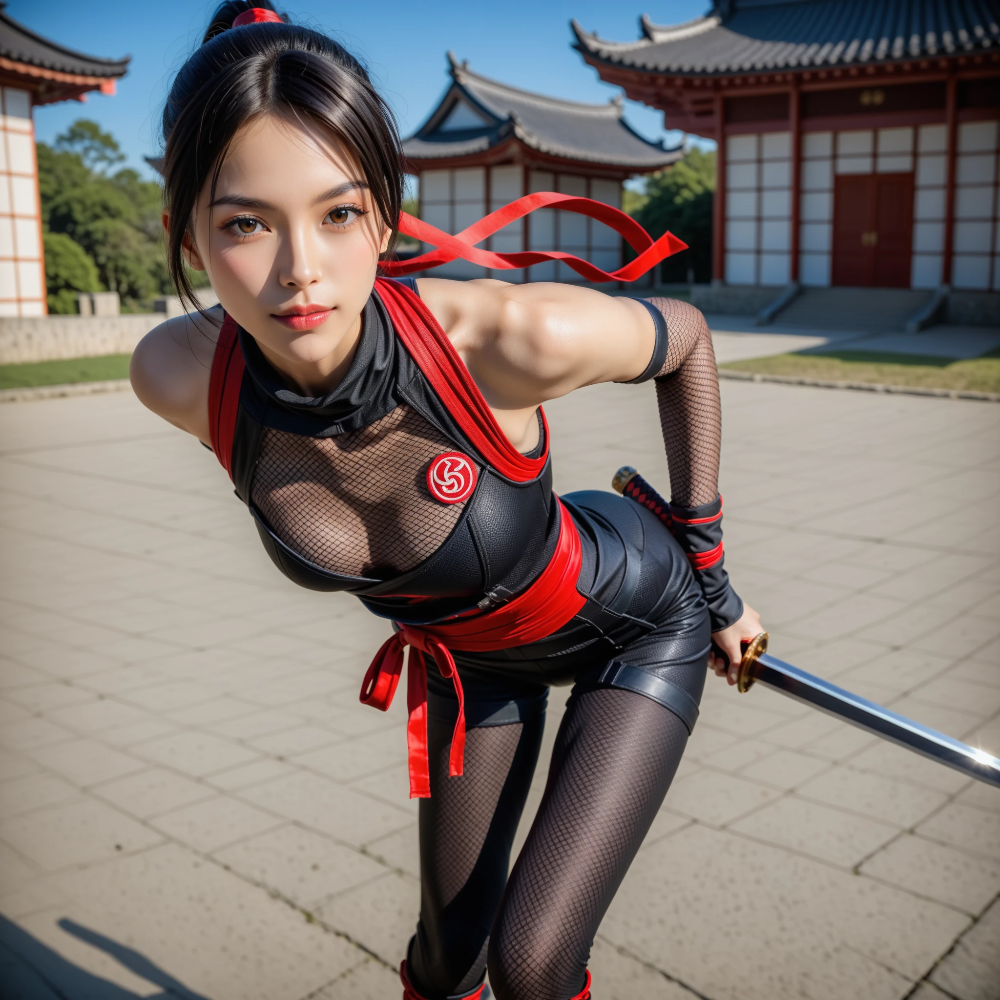 biker gang leader、leotard、Red and Black、Angry face、4K resolution、Masterpiece、Photorealistic、Holding a sword、Long hair straight、Plump、Big Breasts、gang、Tight beauty、Plastic-like luster、Full body portrait、Lighting on the front、High leg、tights、Fire Pattern、bike