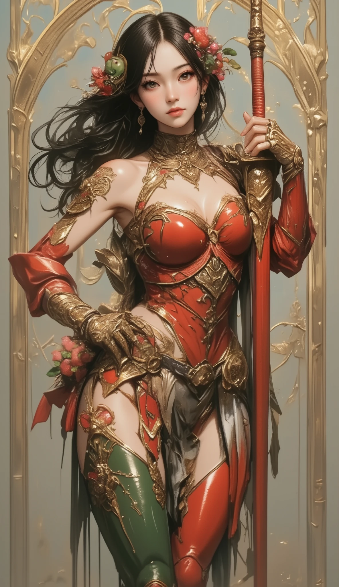 (megan fox:1.25), (muscular:1.5), (full body view:1.25), (red and black colors:1.46), (woman:1.1),(very muscular bodybuilder girl:1.25), (huge upper body:1.25), (narrow hips:1.0), long hair, (gothic intricate ornate vampiric armor:1.25), (gauntlets:1.0), (shoulder armor:1.1), ((tarot style frame:1.25)), (glowing red eyes:1.25), (huge muscular arms:1.5,), (10-pack abs:1.4), (lots of veins:1.25), (horror:1.0), (esoteric:1.1), (solo:1.4), (dynamic angle:1.0), (cowboy shot:1.0), thin legs, Realistic, Very detailed face and eyes, (masterpiece:1.1), (best quality:1.1), (ornate:1.1), (beautiful girl face:1.25)