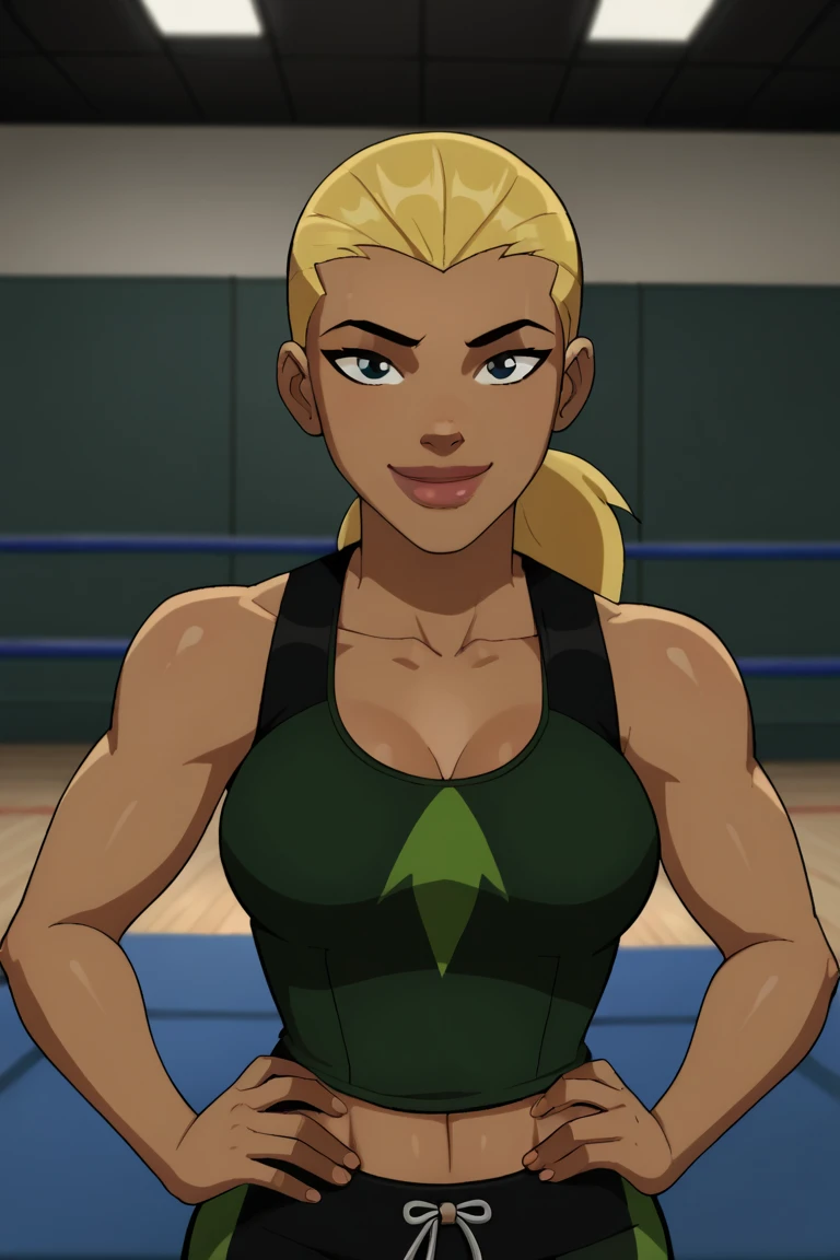 score_9, score_8_up, score_7_up, source_cartoon,artemis, blonde hair, ponytail, big lips, dark skin, large breasts, green wrestling singlet, BREAK standing, smiling, closed mouth, happy expression, looking at viewer, solo, front view, face focus, indoors, best quality, high quality, bedroom eyes, gym, wrestling mat, model pose, hands on waist