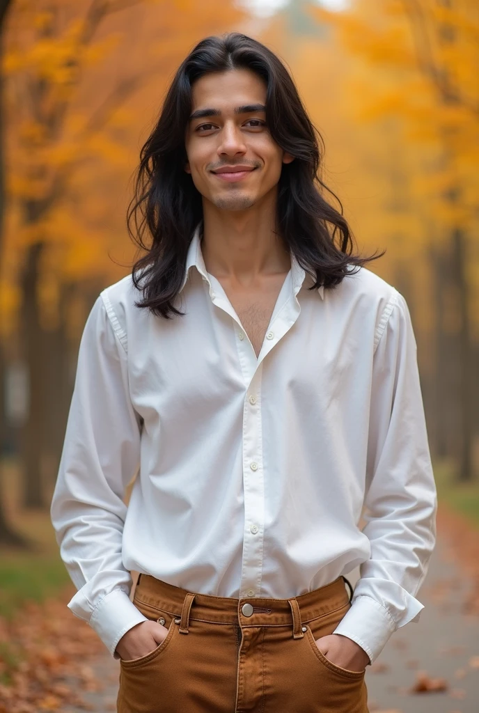 A missionary of the Church of Jesus Christ of Latter-day Saints with long black hair and brown eyes
