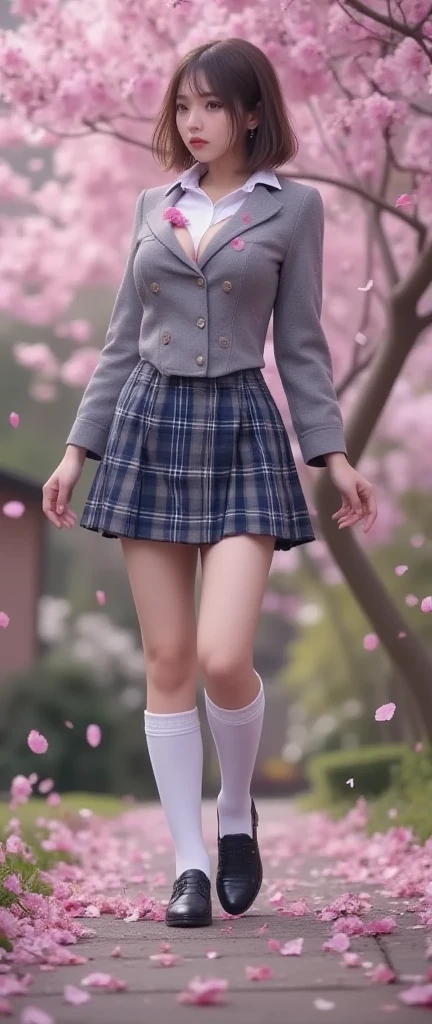 (Top Quality、masterpiece、winning work、16k), 、A solo cute busty girl、school uniforms、blazers、white shirt、in a tartan check skirt、knee-high socks、 leather loafers、((big :1.2), (:1.2), (raised and crisp bust:1.2), (lifts the :1.2), (Perky  :1.2), , ( double breasted,Underbust:1.2), button gap with, walks under a row of cherry blossom trees、Graduation Ceremony、Celebration 、Sakura Fubuki