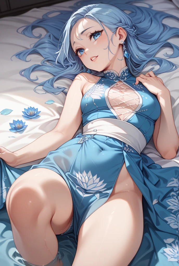 in 8K、top-quality、masutepiece、An ultra-high picture quality、ultra-detailliert、Ultra-realistic hair quality、anime illustrated、Ultra-realistic flesh feeling、full body Esbian、Bewitching look、Sleeping on a futon、Beautiful armpits、Reach out and invite、Off-shoulder blue yukata、Beautuful Women、Beautiful long blue hair、poneyTail、Blue eyes、shinny skin、Very gigantic-breasts、Red lace bra with protruding chest、extremely big ass、The background is a Japanese-style room at night