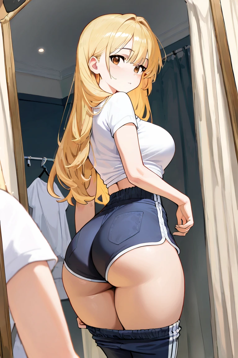 obra maestra,Mejor calidad,1 chica,ultra detallado,blonde hair with pigtails wears a white shirt and very tight shorts