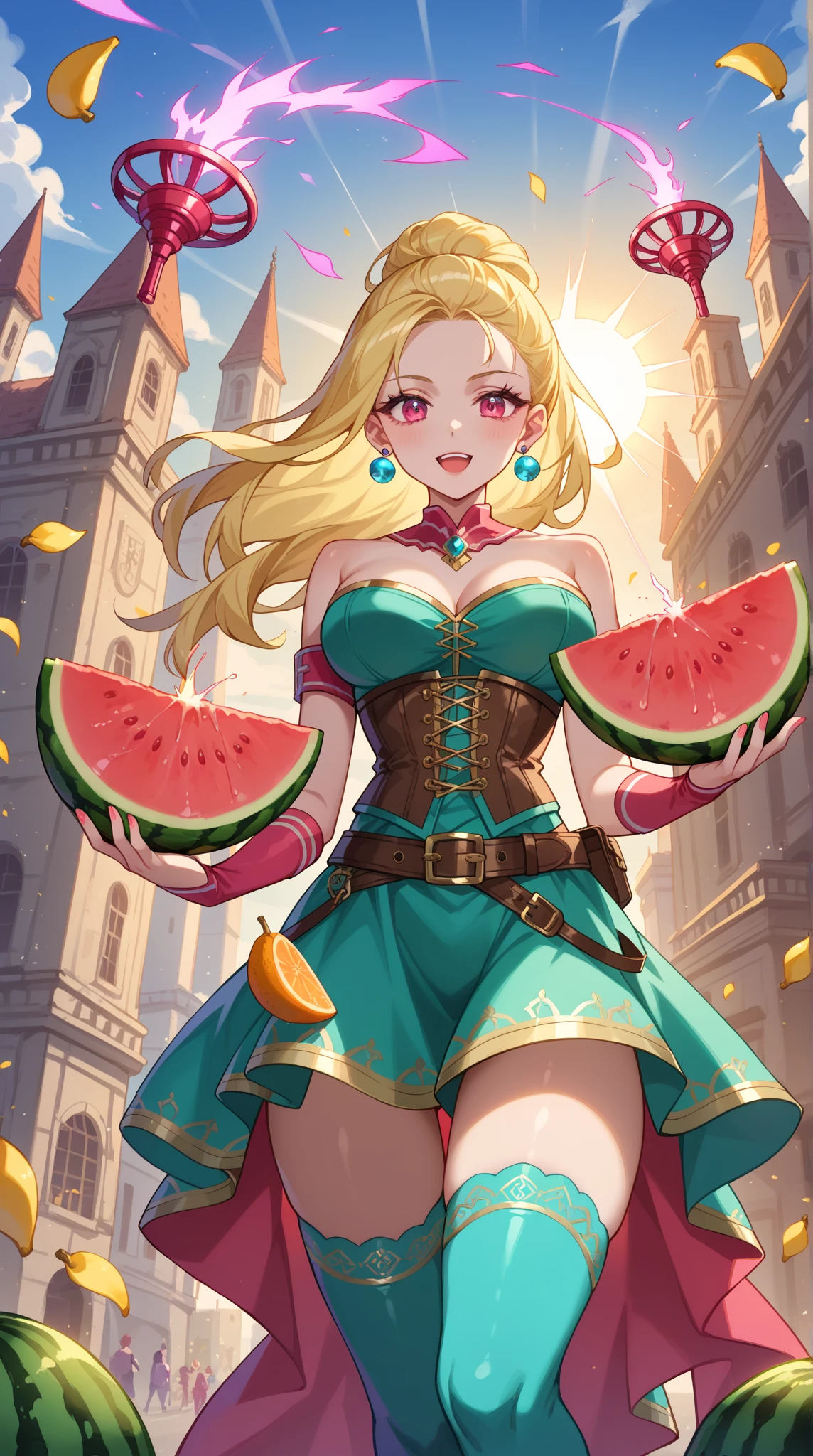 ,Onion (vegetables) marrying the tomato (fruit) on a paradise island with lots of magic and super powers, animation, lovely face, 3D, upscales