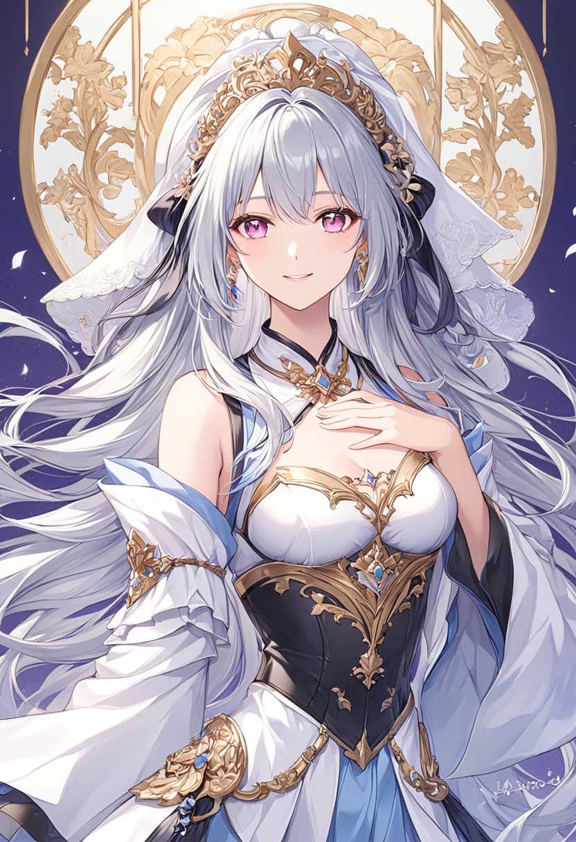Highest quality、Masterpiece、Super detailed、8k、4K、1 girl、Gray Hair、Fluffy, soft, loosely curled long hair、Golden Eyes、White kimono with crane pattern、Lace cape、White and gold ribbon hair accessory、Cherry Blossoms at Night、moonlight、Cleavage、smile、Embarrassed expression、Big Tits、Cherry blossom field