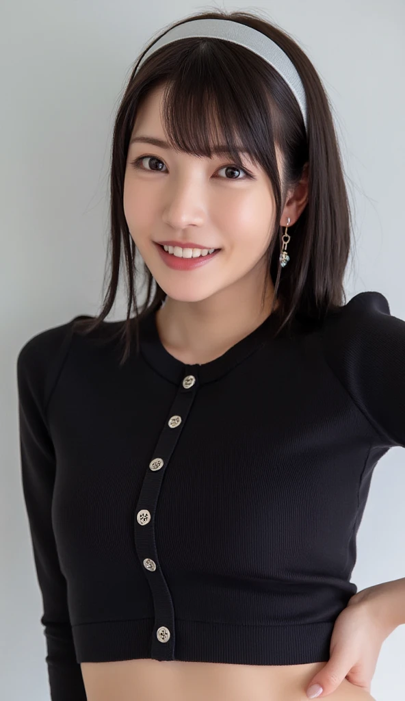 Super detailed,Highest quality,1 female,Standing in a room with white walls,Looking at this,Short-sleeved tops,Flared mini skirt,Posing for a photo,The background is blurred