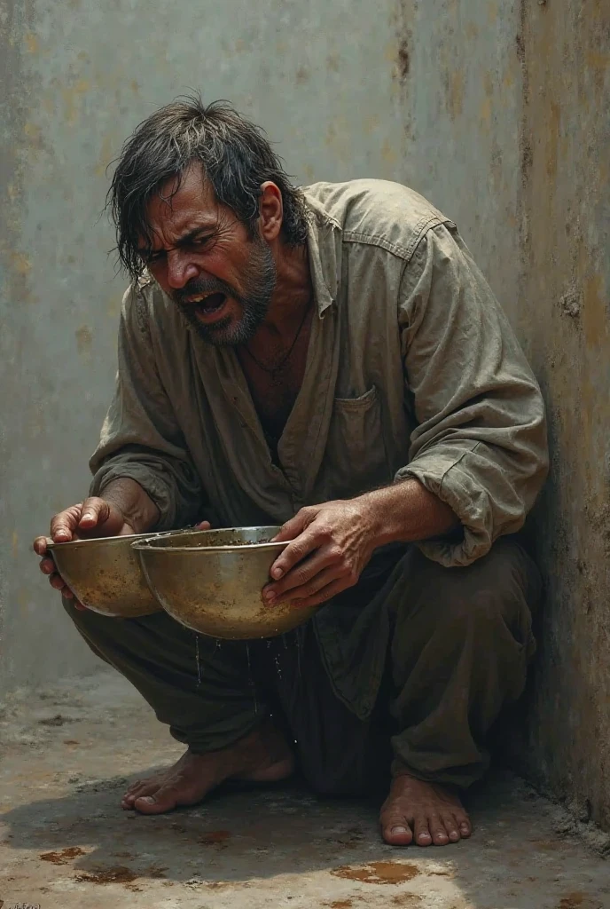 Half-naked Mexican man with malnourished physical appearance, grown beard and mustache, dirty looking man who is very weak, lying on the floor, dragging himself to escape from a bottle of alcohol and drugs while he is chained 