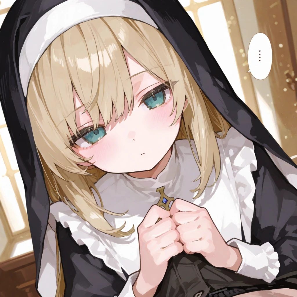 aasister, long hair, nun, habit, white capelet, neck ribbon, (black dress:1.2), long sleeves, white gloves, full-length zipper,huge breasts,expressionless,(fellatio:1.5),(((spoken heart))),covering eyes,hands on eyes