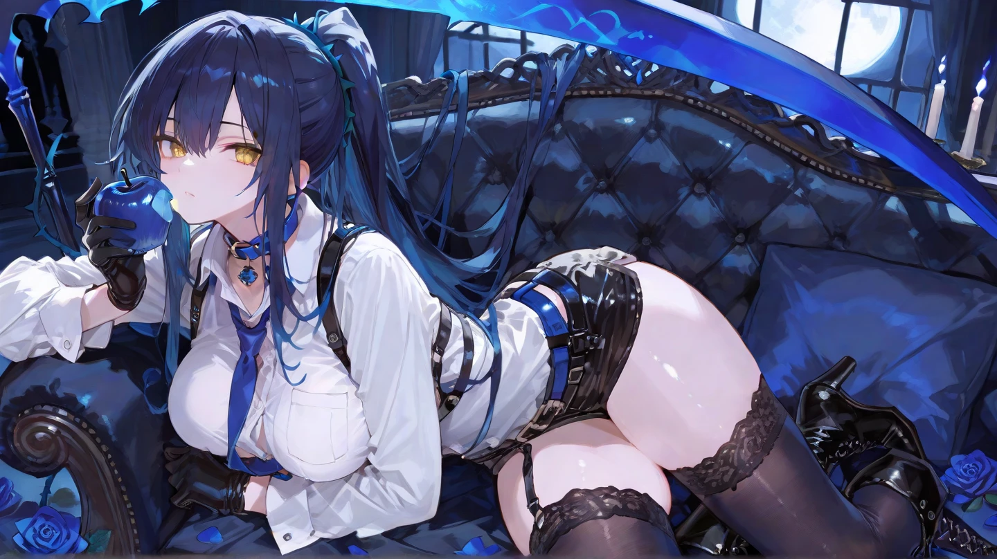 A beauty in stockings,a matural female,Blue translucent miniskirt,cabelos preto e longos,fearful expression,Tears in the eyes
