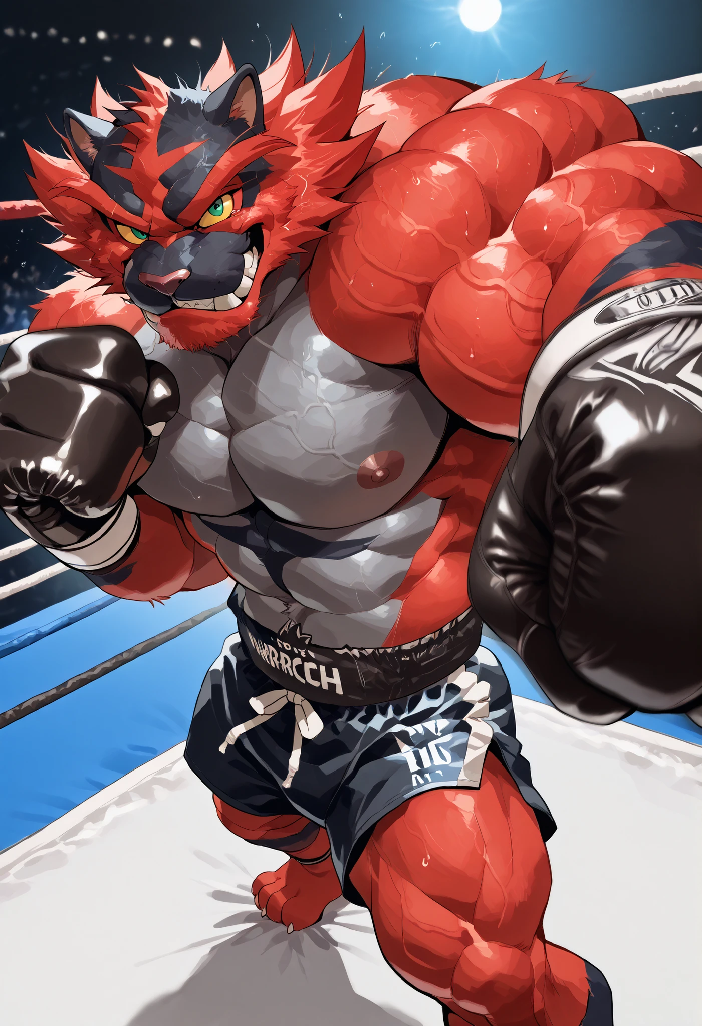 zPDXL3, pov_boxing, mercilessly punching_the_viewer, foreshortening, motion blur, black boxing gloves, black boxing trunks, depth of field, extreme perspective, closeup, action shot, boxing, dynamic punching pose, motion lines, impact lines, mercilessly punching the viewer, chopped head, boxing ring background, BREAKER Incineroar, heavywait boxing champion, furry male, heavy muscular, veiny muscles, looking at viewer, cruel smile, brutal eyes, large pectorals, thick black hairy chest,