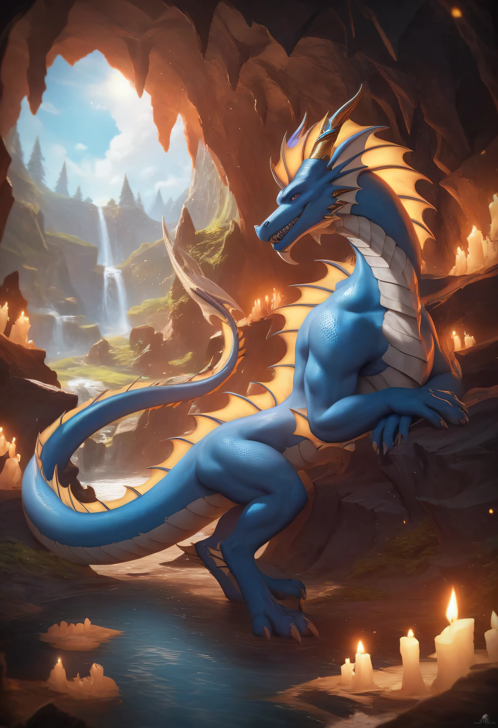 a cartoon of a dragon with a blue tail and yellow belly, cell shaded adult animation, sfw version, digesting a small dragon, undertailed, dragon vore art, attached tail, dragon tail, dragon tailed, pteranadon styling, most strongest pose, fat dragon with rider, young male anthro dragon, aggressive pose, tail, vore art, thick tail