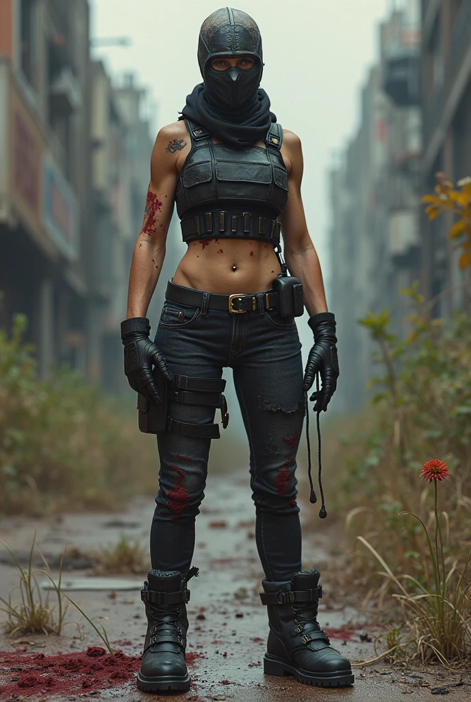 8k, ARTISTIC photography, best quality, masterpiece: 1.2), RAW photo, a (potrait:1.2) of a woman , Cyberpunk Character, wearing military tactical Vest (highly detailed skin:1.2), 8k uhd, dslr, soft lighting, high quality, film grain, Fujifilm XT3, staring at the camera in front, blonde, ((dynamic pose))) oni face mask beautiful body, voluptuous body, and beautiful abs , (( black clothes)), 8k uhd, SLR camera, soft lighting, high quality, film grain, Arri Alexa mini , Cinematic lighting, octane render, cinematic lighting, complex, 8k resolution concept art portrait, edgerunner, blade runner, Cyberpunk 2077, hyperrealistic, photo awesome, realistic, (((pure 8K))), (((perfect anatomy))), extremely high-quality graphics, Riddley Scott, Blade Runner, Denis Villeneuve, (((cinematic lighting))), ((clear details)), complex, highly detailed background, posing in a shanty town street, midday sunlight.