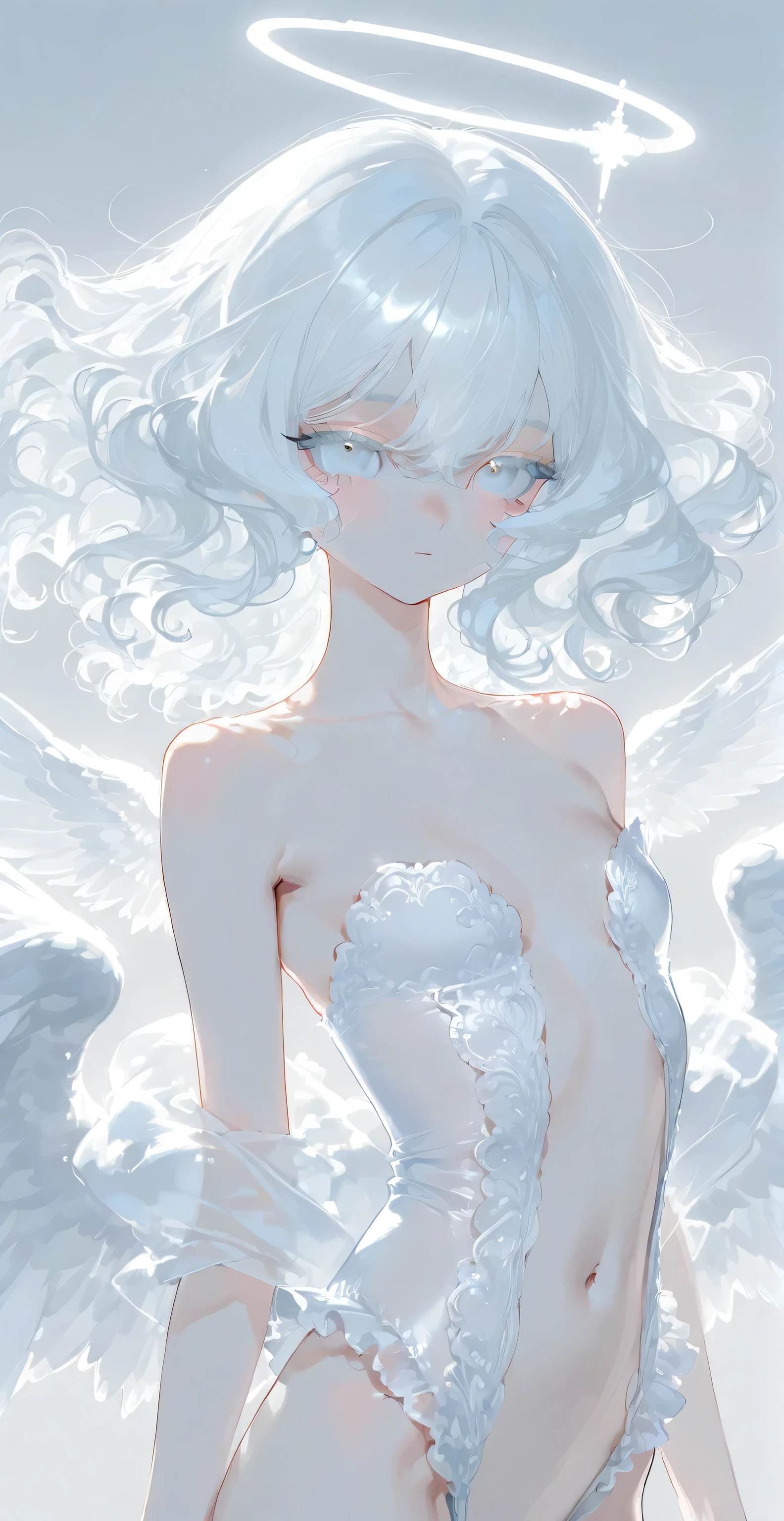 young woman、Child's face、very nice、Slim and beautiful、((small :1.2))、Well-drawn eyes、Charming eyes、Double tail、Wear jewelry and pearls around your neck,Transparent openwork、Deep V、crystal pearl、在Wear jewelry and pearls around your neck,White hair, showing hips, bare shoulders, show Clavicle, Yao Liu, Barefoot,((whole body))、painful posture