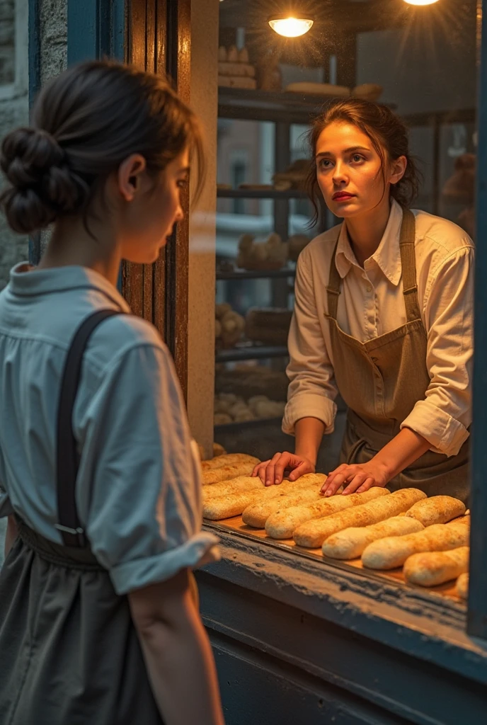 A drone view of a woman baker putting croissants in the oven in a bakery. The photo is taken from above, showing the top of the baker's head and her hands as she slides the croissants into the oven. The baker is wearing a white chef's hat and apron. The background shows a modern bakery with shelves of baked goods and baking equipment. No faces are visible in the photo. The perspective is from above.