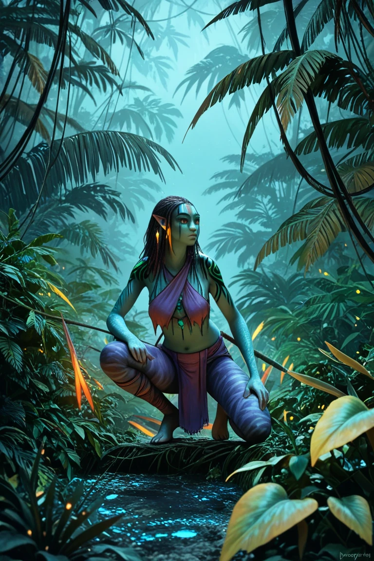 High-quality, full body, jungle, nighttime, bioluminescent scenery in dark, neytiri solo female, warpaint, loincloth, voluptuous body, mature body, crouching on one knee in bushes, purple cloth leggings