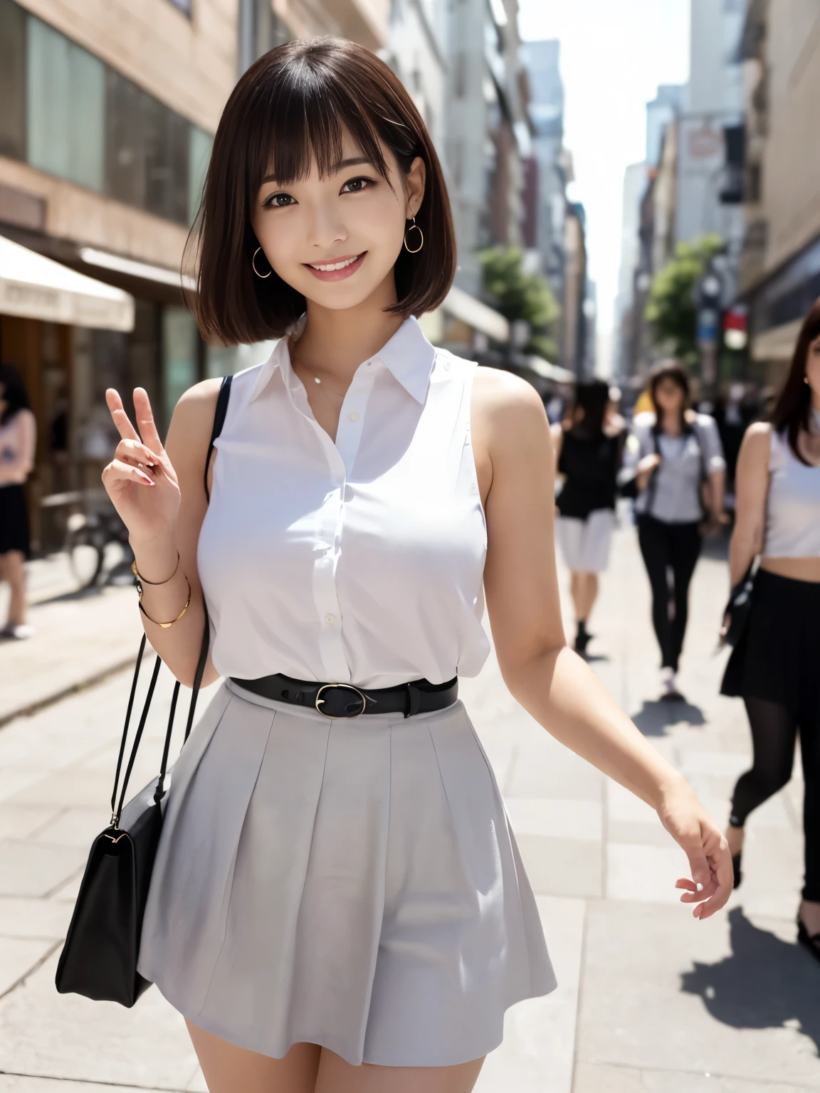 RAW Photos, highest quality, Realistic, Cute Japanese Girl, 女の子1 person, (とてもslim and slender fit muscular body:1.3), ((View Viewer)),(Big smile:1.3), (No people in the background:1.3), Beautiful earrings, Front shot, (Big eyes), (whole bodyショット), Small breasts,(masterpiece)、Healthy thighs、(Narrow waist)、Big Ass、(Beautiful legs)、((Perfectly detailed five-fingered hands)),(Anatomically correct body)、((1 female:1.4))、Japanese、Realistic Skin、(Small chest:1.4)、Bust size is C cup、Pretty woman with perfect figure:1.4,(from the front:1.5), (肌の質感のbeautyを高める:1.1), (Beautiful fine details), (Detailed face),Beautiful realistic face,No makeup、美しいBlack Hair、The best smile、Natural color lip、(Small Mouth:1.2)、(Oval Face)、Even bangs、Hide eyebrows with bangs、((29-year-old woman))、Bob Hair、Hair blowing in the wind, (Black Hair, Iris, Watery eyes, Shining Eyes, Bob cut hair, Small earrings,), Hair behind the ear、No makeup、(Drooping eyes)、Drooping eye corners、女の子1 person,whole body、(((1 personの素敵な女性)),((優しいBig smile)),(( Small breasts,Small breastsの谷間)),((((Plump Cheeks)))),((whole body:1.5))、(Narrow waist、Slender Body)、 Hair blowing in the wind,C-cup breasts with firmness、Even bangs:1.4、whole bodyショット、,(((Beautiful woman boasting toned hips and muscular buttocks))),((( Shapely big ass))),(A toned waist is best:1.4),Sleeveless、Open chest、すらっと伸びたthin脚、Long legs、platform、Sandals、clear、thin、slim、thinウエスト、beauty、Looking into the camera、Walking around the city、Cute Smile、Summer sunshine、Accentuate your breasts,(((Attractive woman wearing a white collared shirt and flared skirt in the city,1 person、))),Wearing a white blouse, Random body orientation,