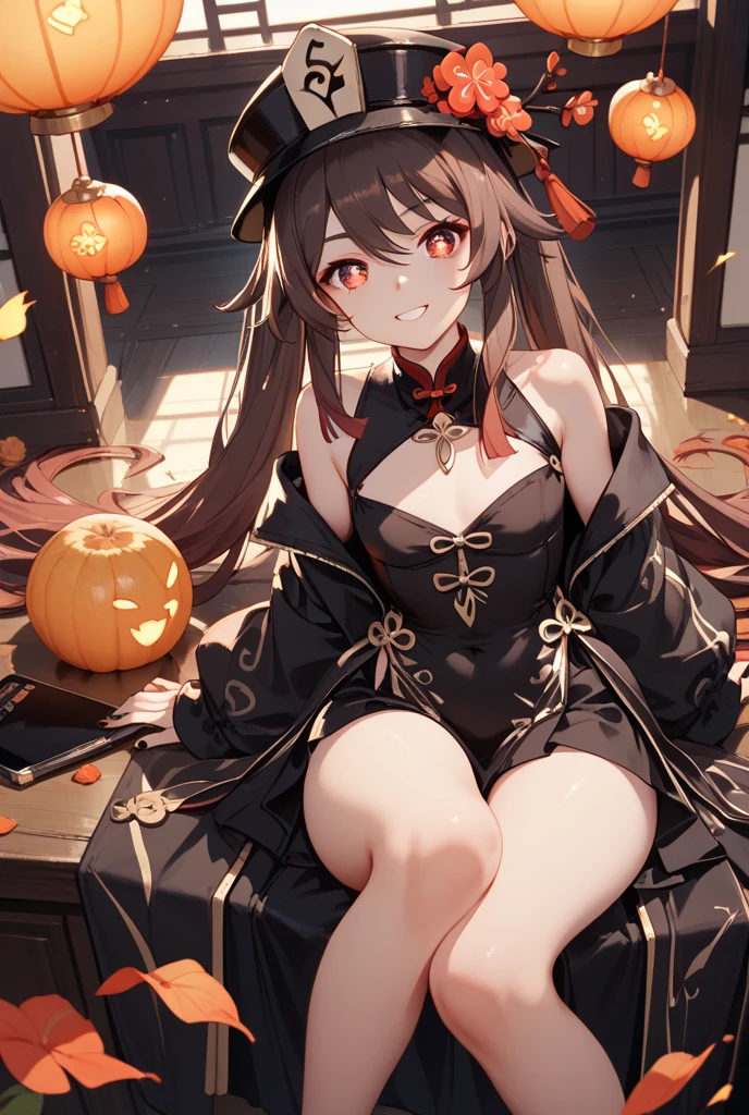 Hi-Res、masterpiece、Chizuru Ichinose、Brown hair、Soio、Female one、outside of house、细致背景、A detailed eye、((Brown-eyed)),Halloween Cosplay、Lots of jack-o'-lanterns、 Beautiful and perfect legs, Clean and perfect hands