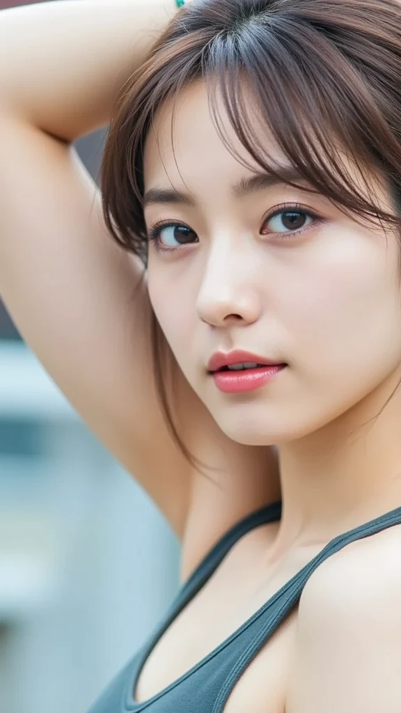 RAW photo, (best quality, 8k, 32k, masterpiece, UHD:1.2), ultra high resolution, (pretty a Korean early teen girl:1.3), beautiful detailed eyes, long brown hair, bangs, (wearing magenta tank-top), big breasts, cleavage, portrait, (crowded city boulevard on a bright sunny day:1.2), (detailed background:1.5)