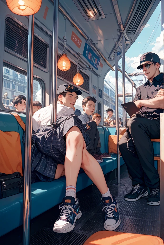 A boy sitting alone on a bench at the train station, holding a train ticket in his hand, his expression somewhat crestfallen. The background features a large clock, billboards, and train tracks. Behind him, people hustle and bustle, constantly coming and going. The boy wears simple clothing and a pensive expression, as if deep in thought. The artwork captures the essence of solitude and contemplation, showcasing the realism of everyday life and human emotions. The quality of the artwork is high definition and superior, emphasizing the details of the boy's expression and clothing.