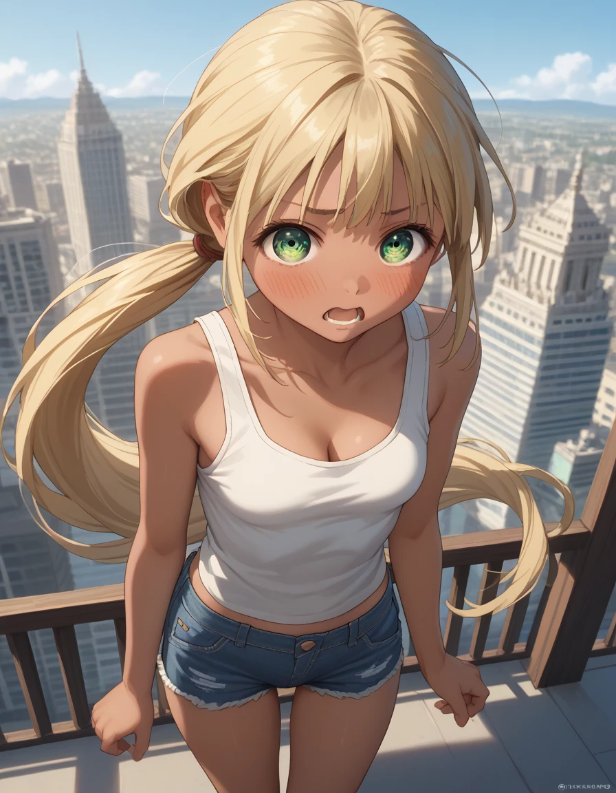 nffsw ,tre anatomically correct,4K,top-quality, Top resolution, One , (Small body), Park at night, {Sitting},Armpit, Long Blonde Hair, (White tank top),(see through), (Cloth), (From above),Wide Shot,One-person viewpoint, Dutch Angle, ((Face Focus)),((((Tears)))),blush, Scared,(flat chest), Erect nipple, be sweaty,white panties,Cameltoe