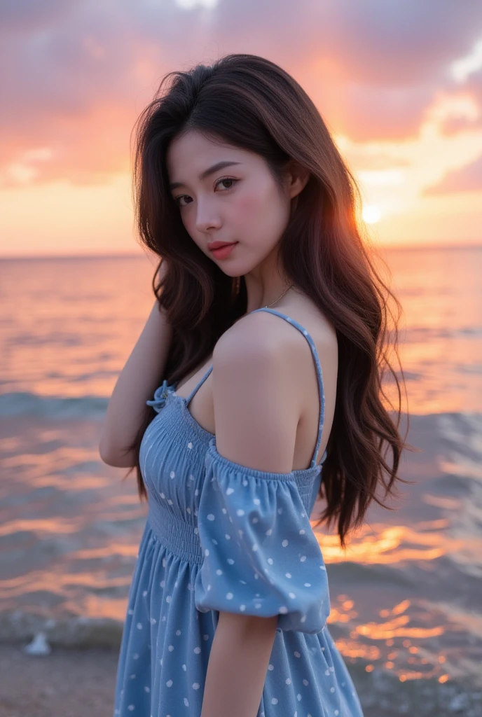 masutepiece, Best Quality, Illustration, Ultra-detailed, finely detail, hight resolution, 8K Wallpaper, Perfect dynamic composition, Beautiful detailed eyes, Wear a dress, Natural Color Lip,Beach, Random and cute poses, flowing bangs, Sunset，，beauty legs,KPOP Idol Face,Perfect and beautiful face,Cute