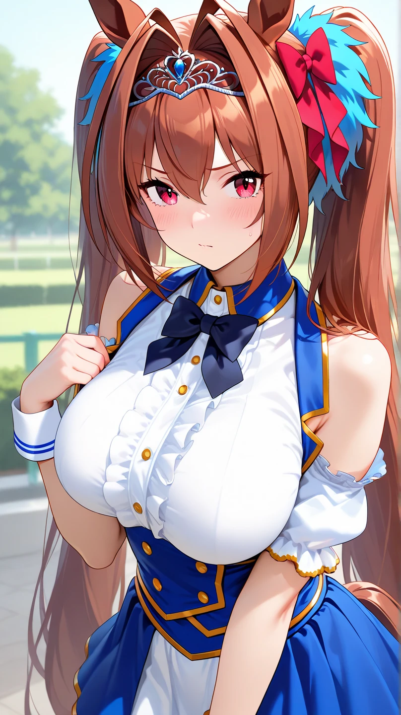 masterpiece, top-quality, Hi-Res, 1girl in, Daiwa Scarlet(Umamusume), Marl, The long-haired, Twin-tailed, tiarra, Very long hair, brown haired, garterbelts, tusk,bangss, erotick,Crying,Tears,Open mouth,put out the tongue,Shedding tears,{{{nakeness}}} ,white thighhig,hair between eye,Hair Bow, deph of field, plein air, pretty skin,{{{nakeness}}},{{{Light red eyes}}}, {{Longhaire}}, large boob, {{{Red hair}}},bottom less,Spread legs,Spread , Kupaa,{{{ Labia majora}}},Skirtless,Vulgarity,huge-breasted,Nipple,The areol,on the beds,Spread legs, Arms behind your head, Squatting,{{{Up labia majora}}},It's wet